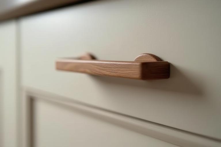 Close-up detail of custom kitchen cabinetry handle and finish