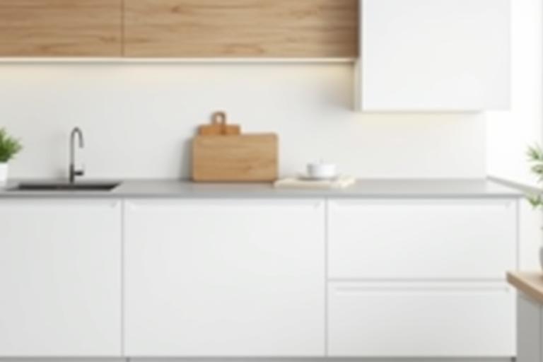 Minimalist kitchen design with clean lines, white cabinets, and wood accents
