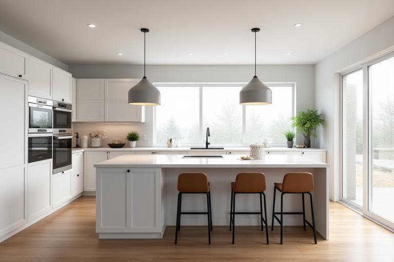 Completed modern kitchen renovation project with island and pendant lights